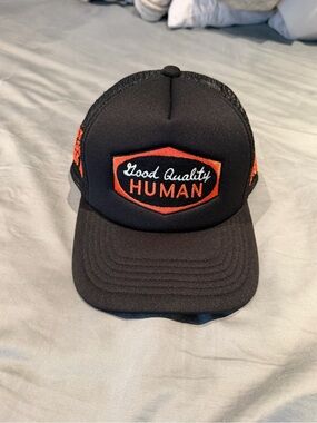Good Quality Human Black Trucker Hat with Orange Patch